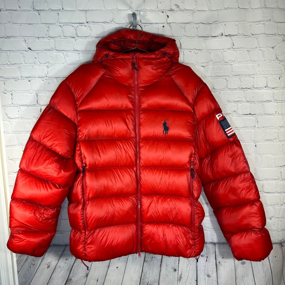 Polo Ralph Lauren Mens Red USA Flag Hooded Puffer Jacket Down Coat Large